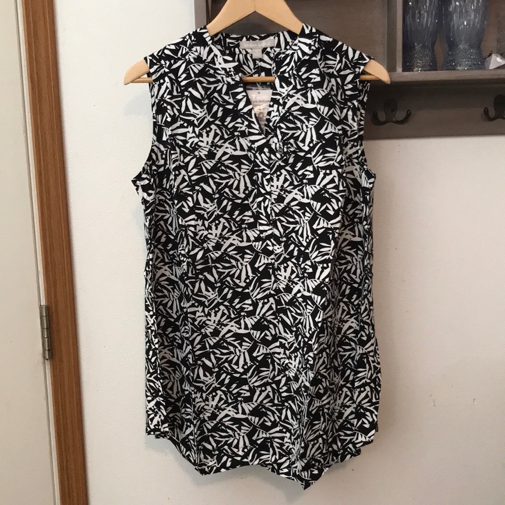 Woman Within blouse, Sleeveless, black/white leaf pattern, top medium 14…